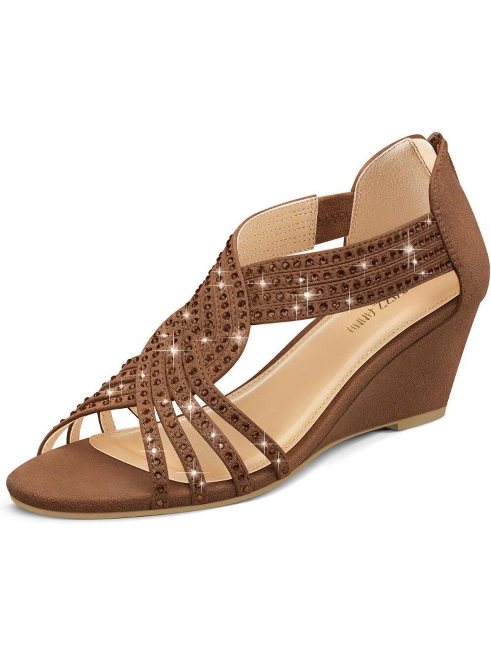 Women's Brown Suede Rhinestone Sparkle Low Wedge Sandals Open Toe Dress Shoes